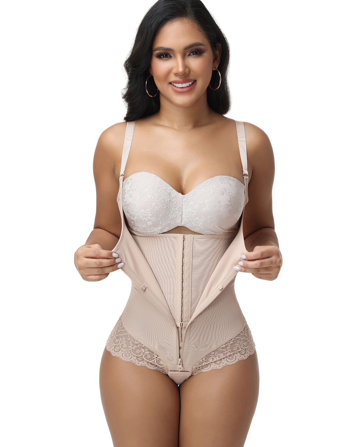 Shapshe® Lace Trim Double Compression Shapewear Bodysuit