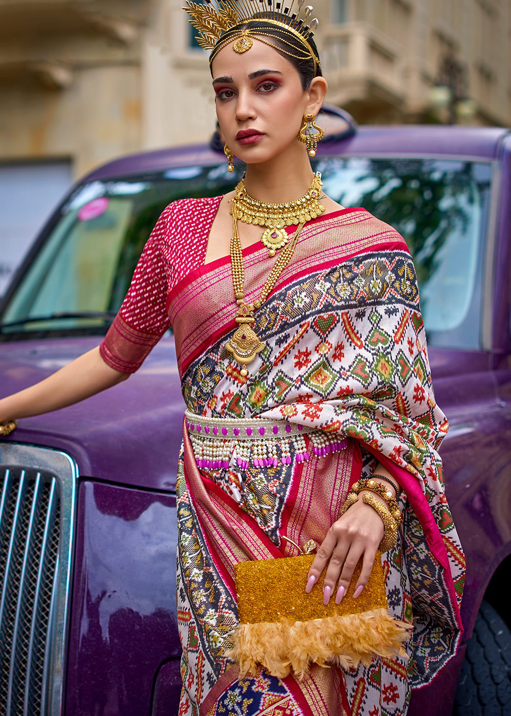Multicolored Patola Printed Viscose Silk Saree - qivii