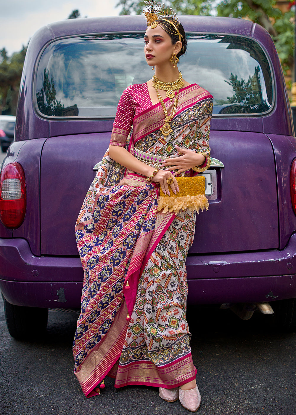 Multicolored Patola Printed Viscose Silk Saree - qivii