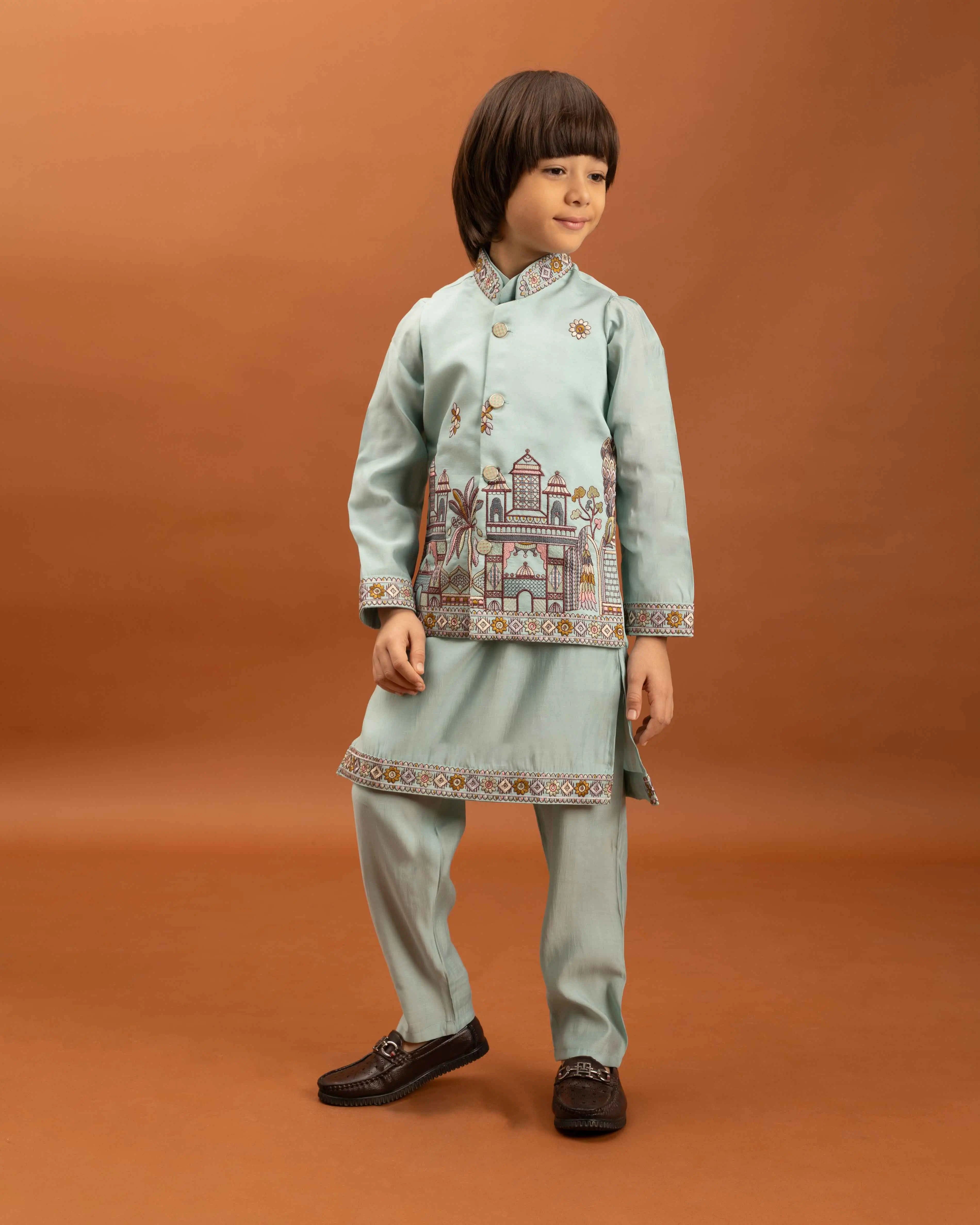 Sky Kurta Set With Thread Sequins Embroidery Work Koti