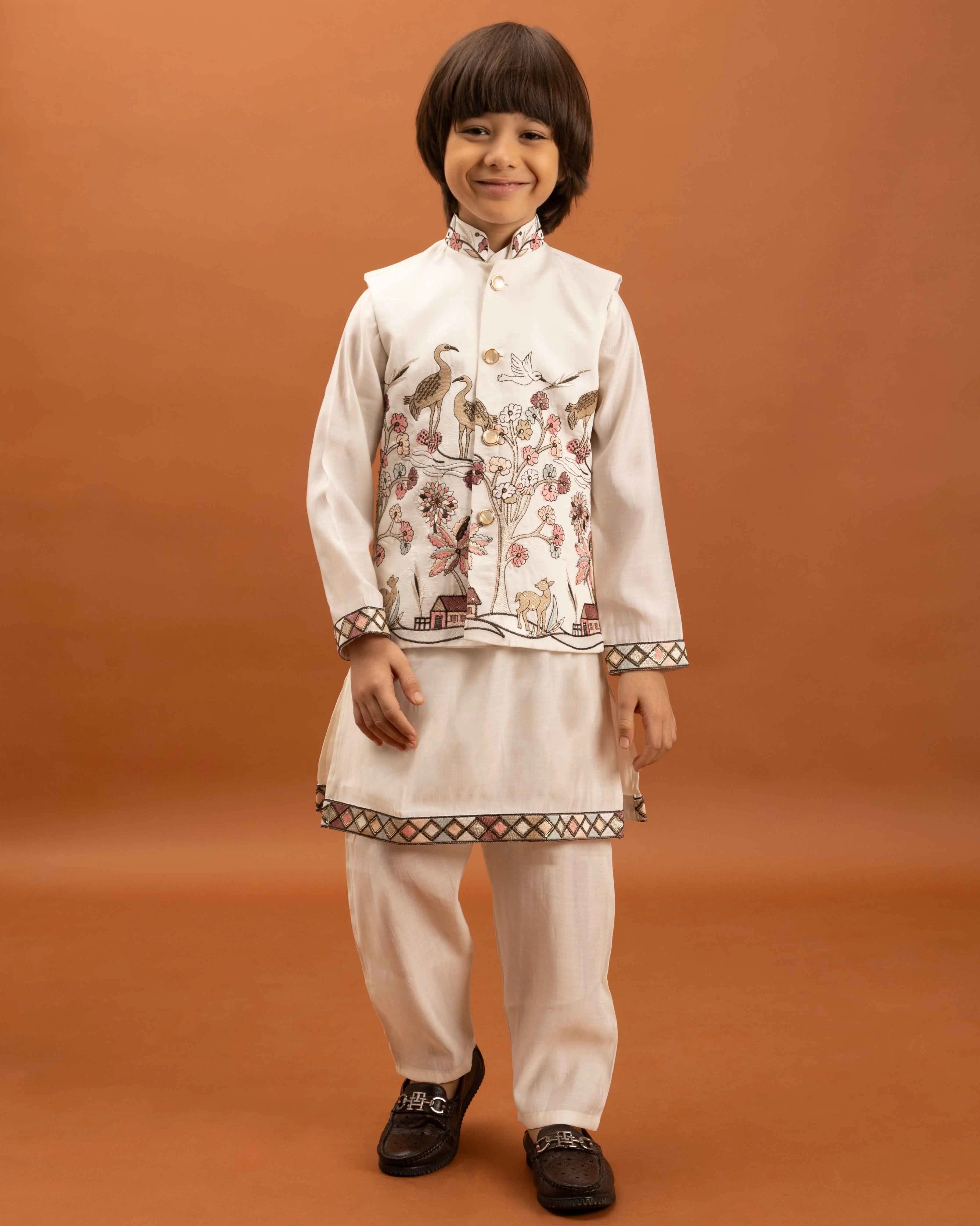 White Thread Sequins Embroidery Work Kurta Set With Koti
