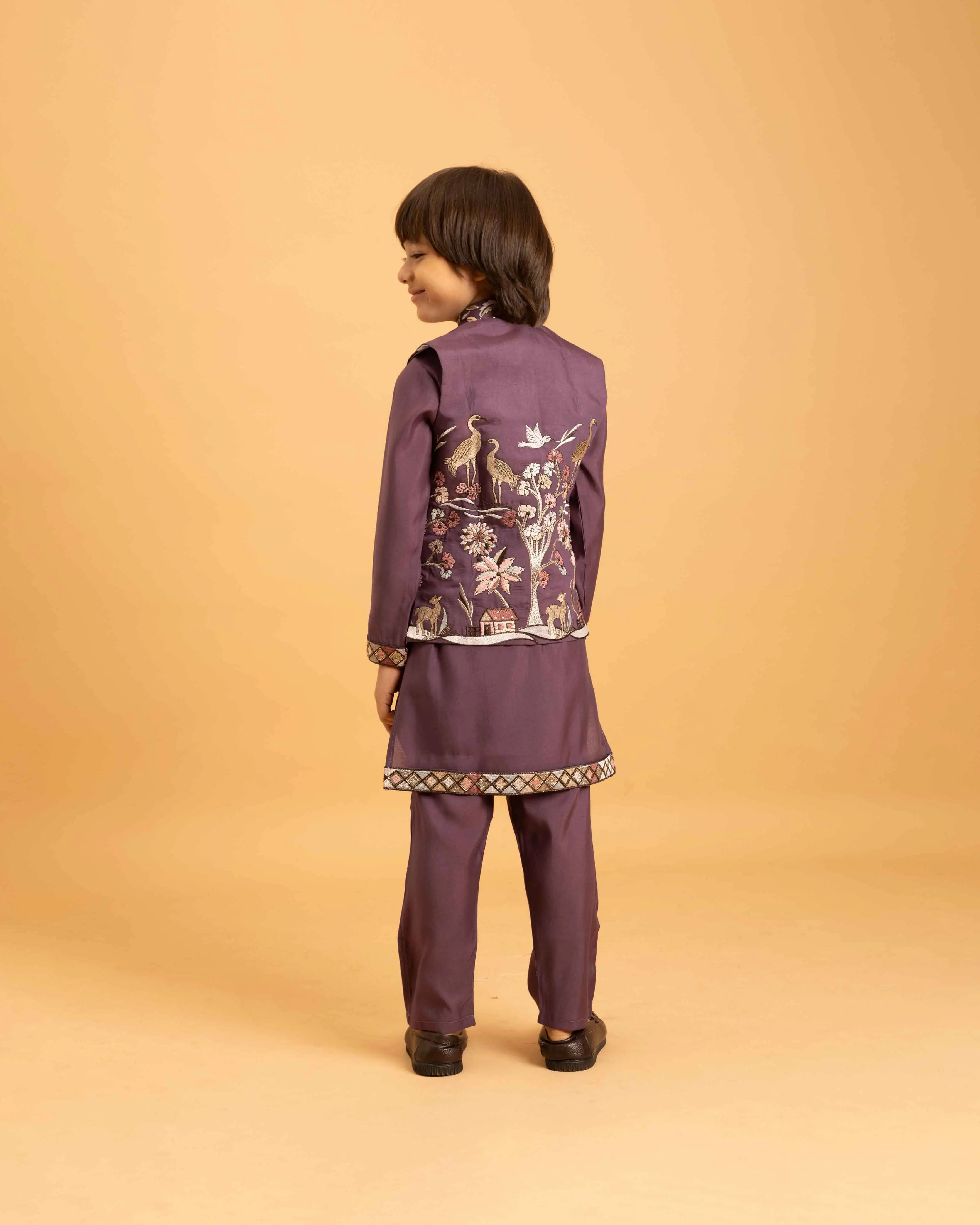 Purple Thread Sequins Embroidery Work Kurta Set With Koti