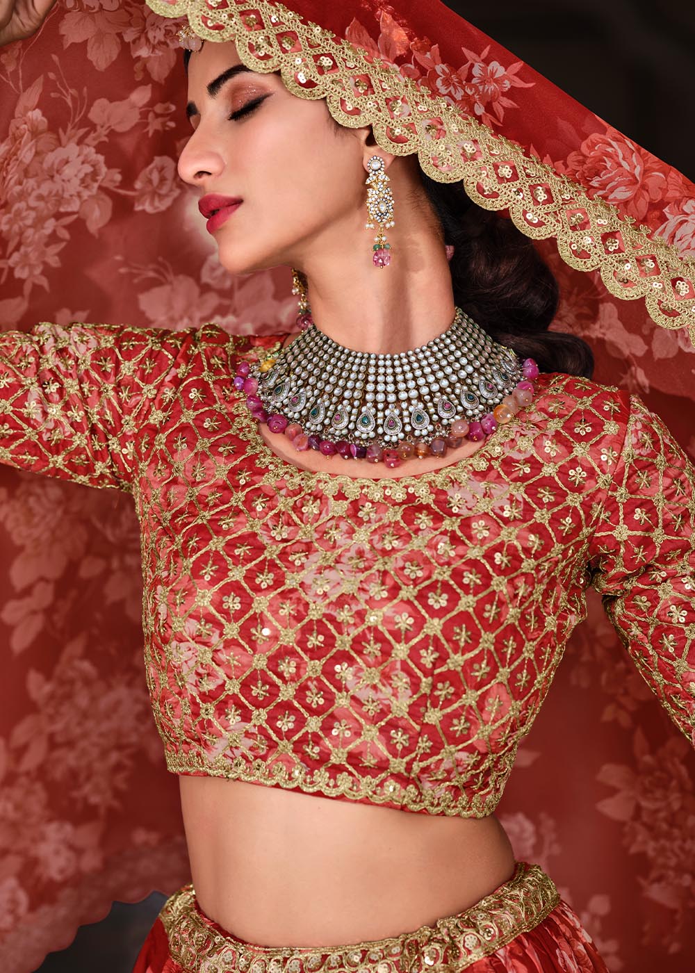 Carmine Red Floral Printed Organza Lehenga with Zari, Dori & Sequins Work | Ready To Wear - qivii