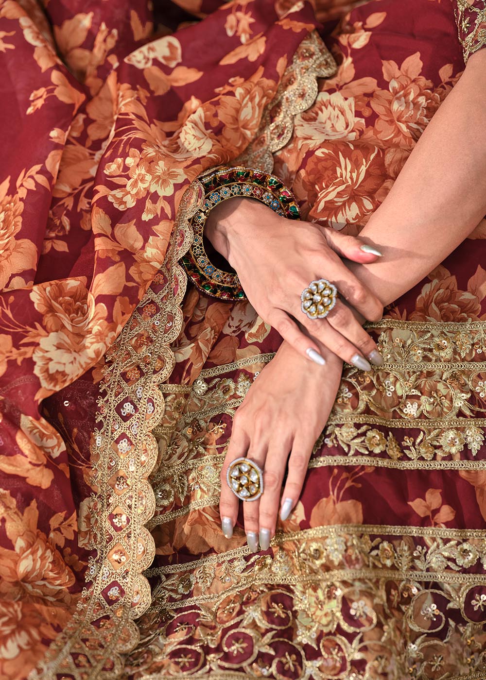 Carmine Red Floral Printed Organza Lehenga with Zari, Dori & Sequins Work | Ready To Wear - qivii