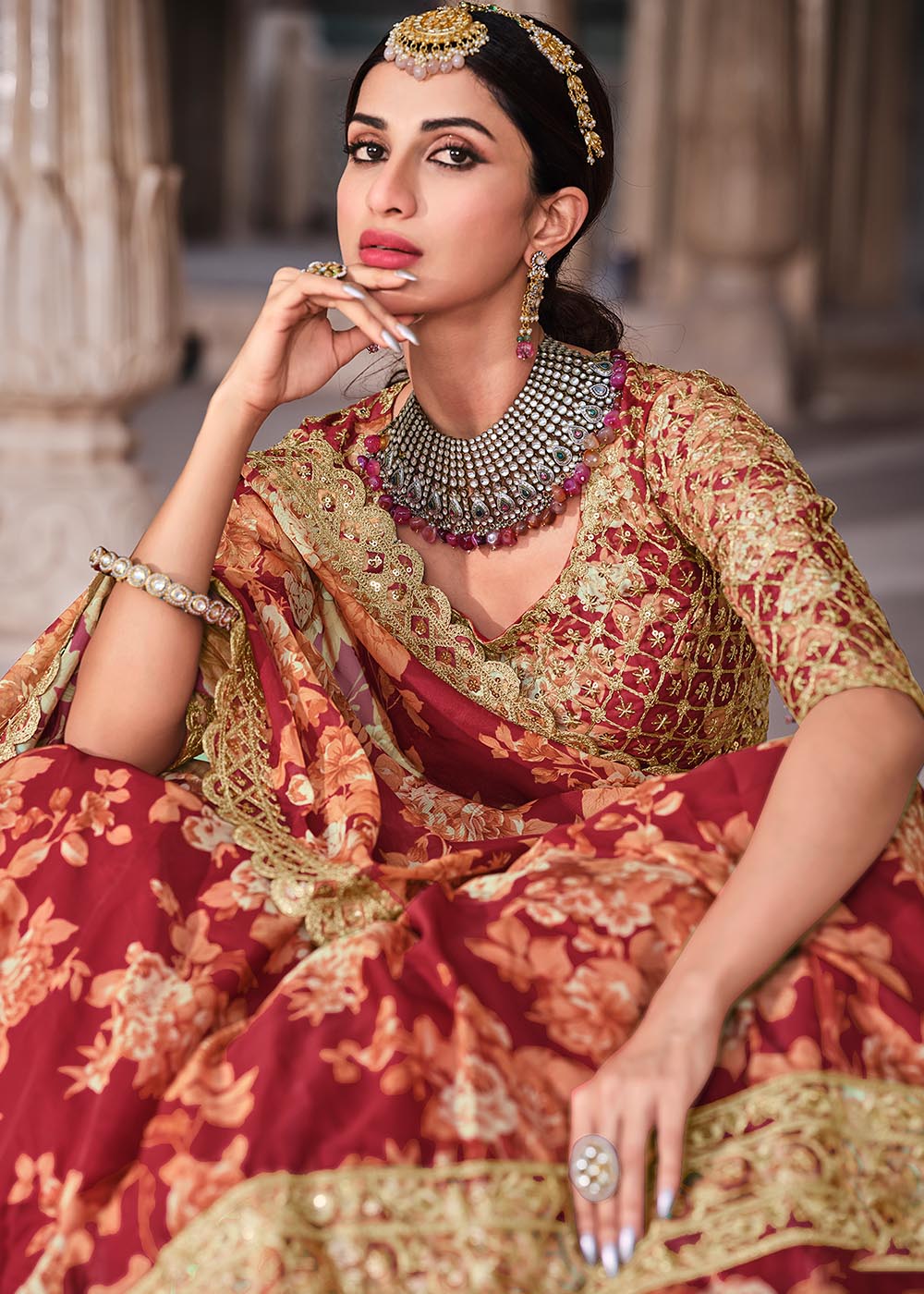 Carmine Red Floral Printed Organza Lehenga with Zari, Dori & Sequins Work | Ready To Wear - qivii
