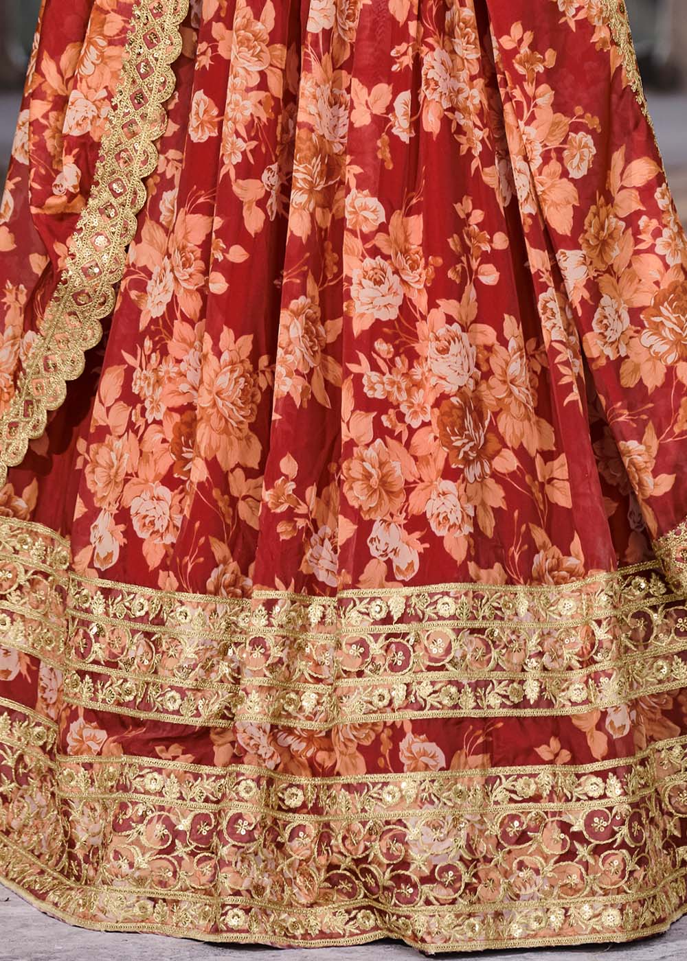 Carmine Red Floral Printed Organza Lehenga with Zari, Dori & Sequins Work | Ready To Wear - qivii