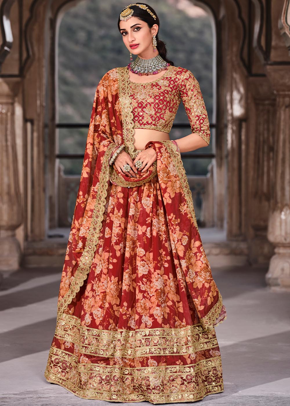 Carmine Red Floral Printed Organza Lehenga with Zari, Dori & Sequins Work | Ready To Wear - qivii