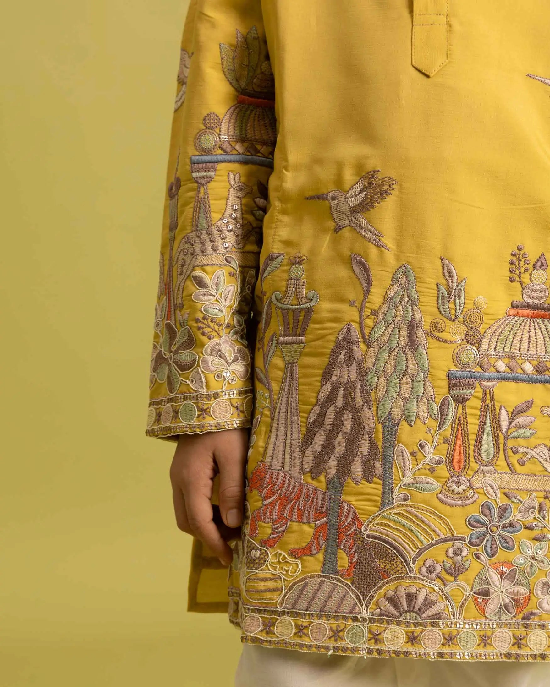 Yellow Thread Sequins Embroidery Work Kids Kurta Set