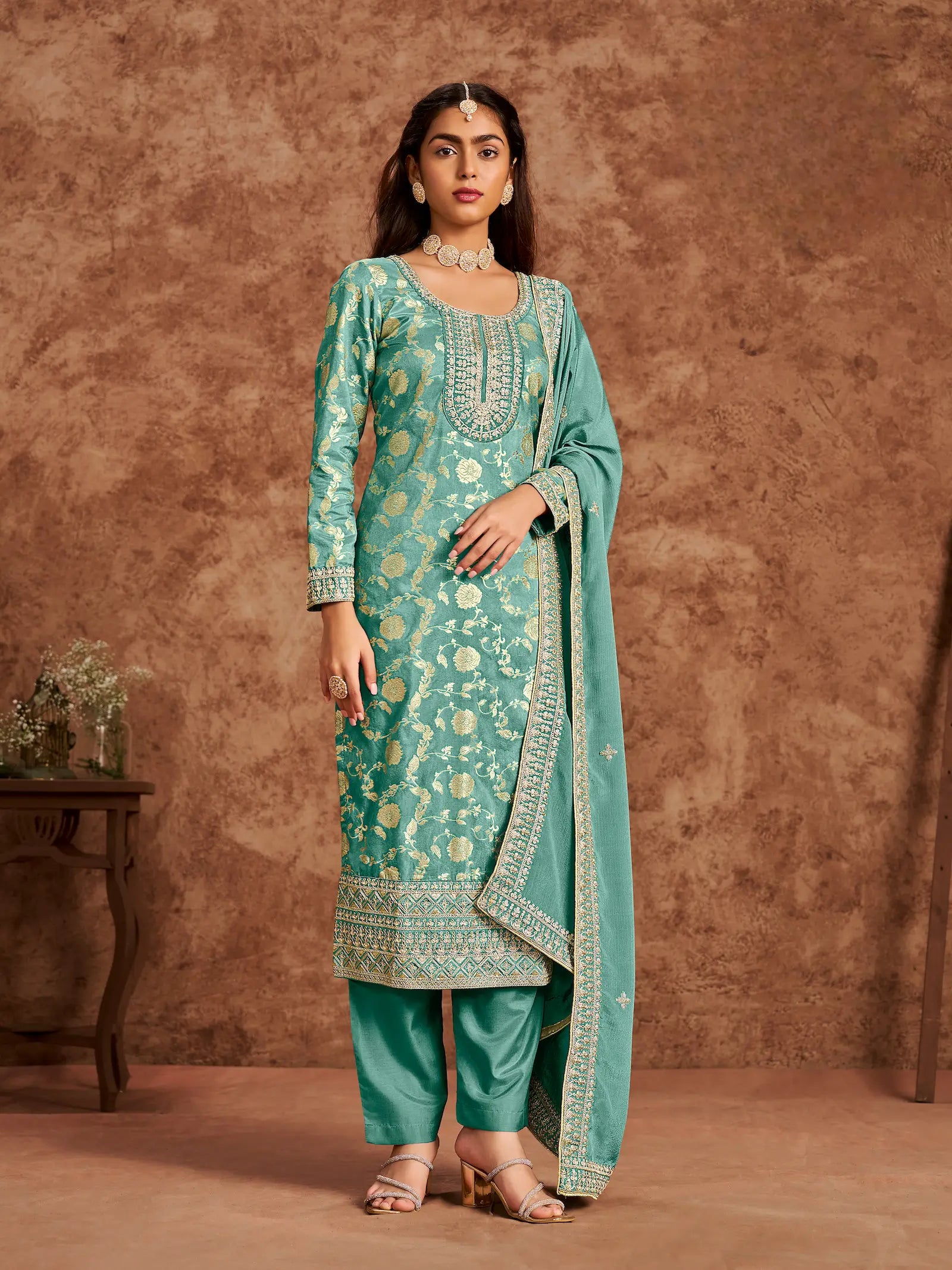 Sky Blue Dola Silk Palazzo Salwar Suit With Thread & Sequins Embroidery Work - qivii