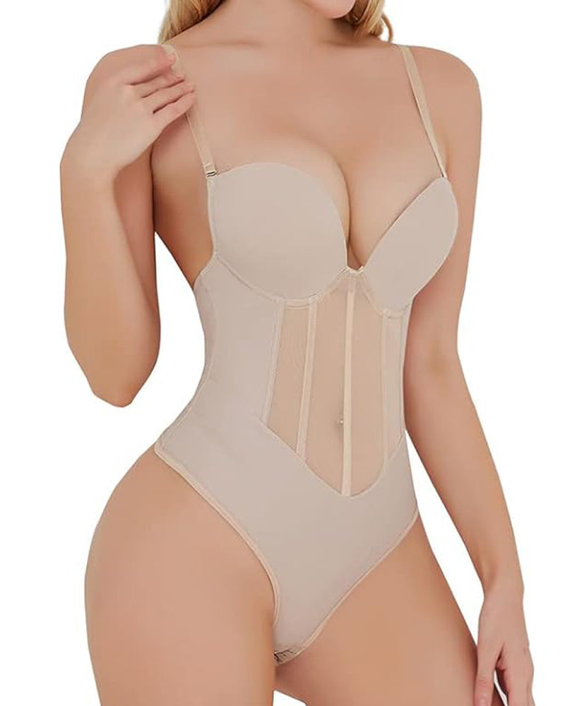 Sexy Mesh Shapewear Corset Backless Thong Bodysuit With Built-in Bra - By Qivii