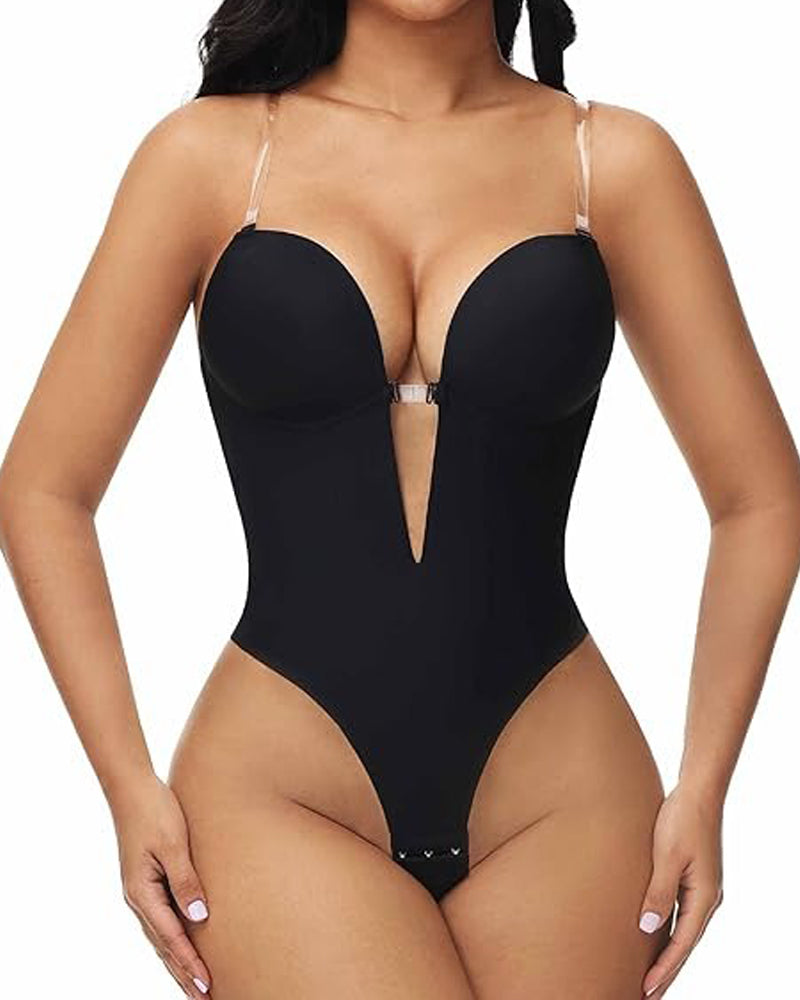 Plunge Backless Bodysuit Seamless Built In Bra Thong Shapewear - By Qivii