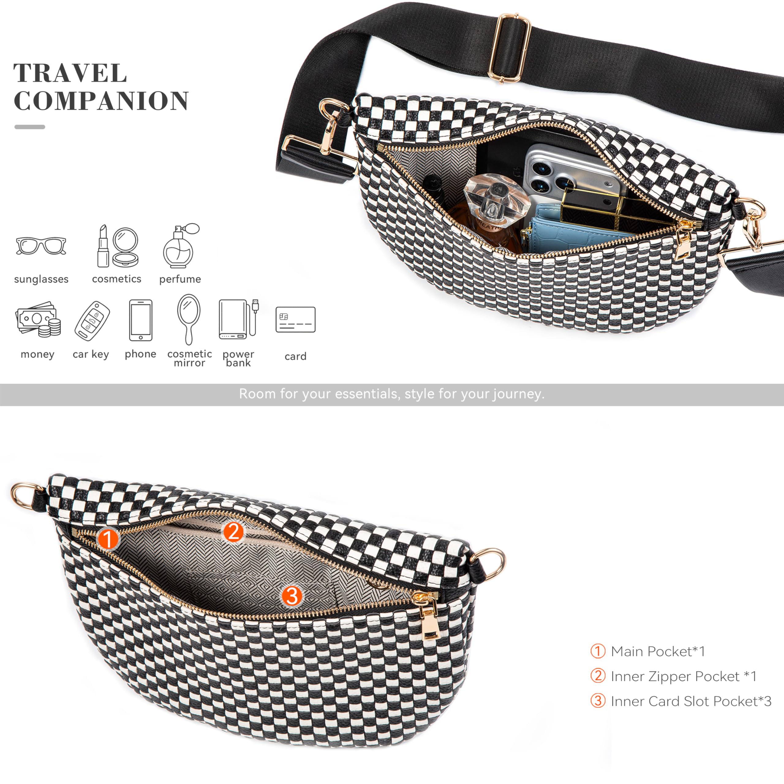 Ounamei Checkered Woven Crossbody Fanny Pack for Women – Adjustable Sling Bum Bag, Lightweight Everyday Travel Shoulder Purse