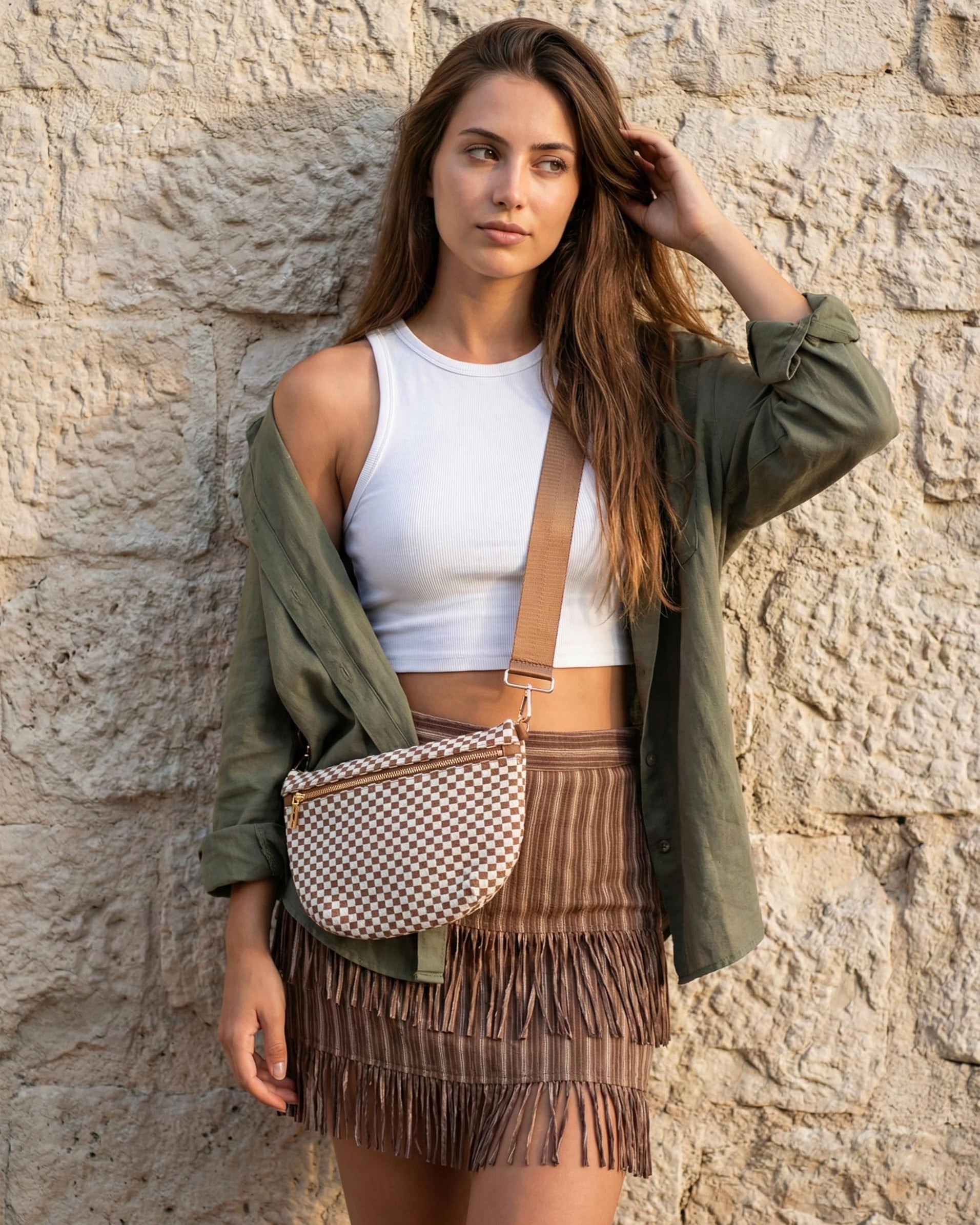 Ounamei Checkered Woven Crossbody Fanny Pack for Women – Adjustable Sling Bum Bag, Lightweight Everyday Travel Shoulder Purse
