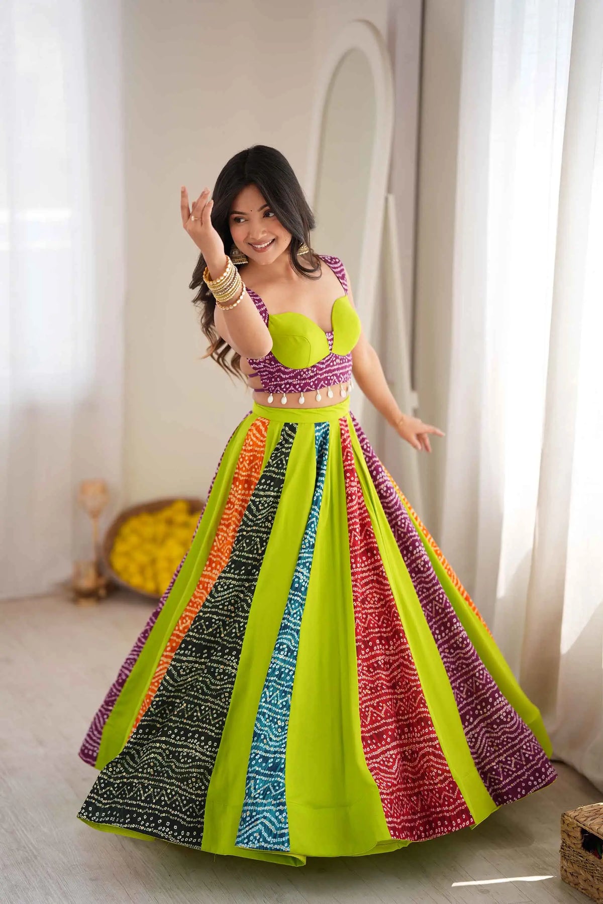 6 Meter Flair | Multicolor Navratri Lehenga With Digital Print & Kali Work
