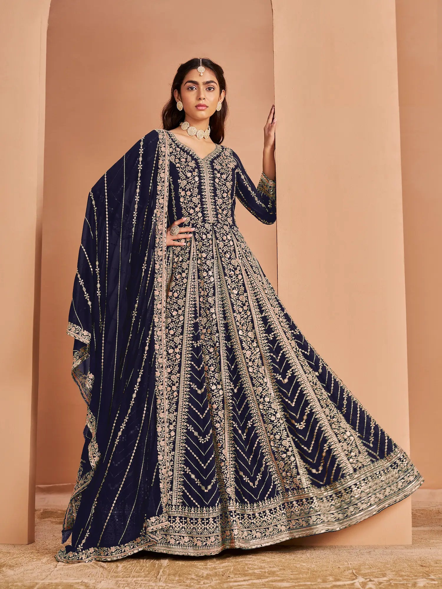 Navy Blue Georgette Gown With Sequence & Thread Embroidery Work - qivii