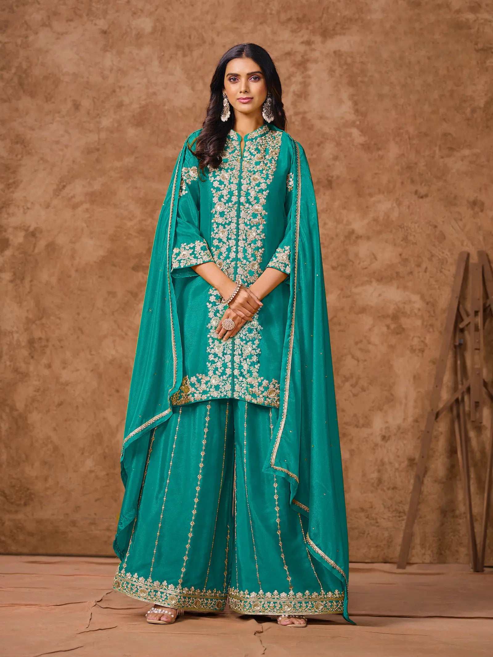 Teal Blue Chinon Palazzo Salwar Suit With Thread & Sequins Embroidery Work - qivii