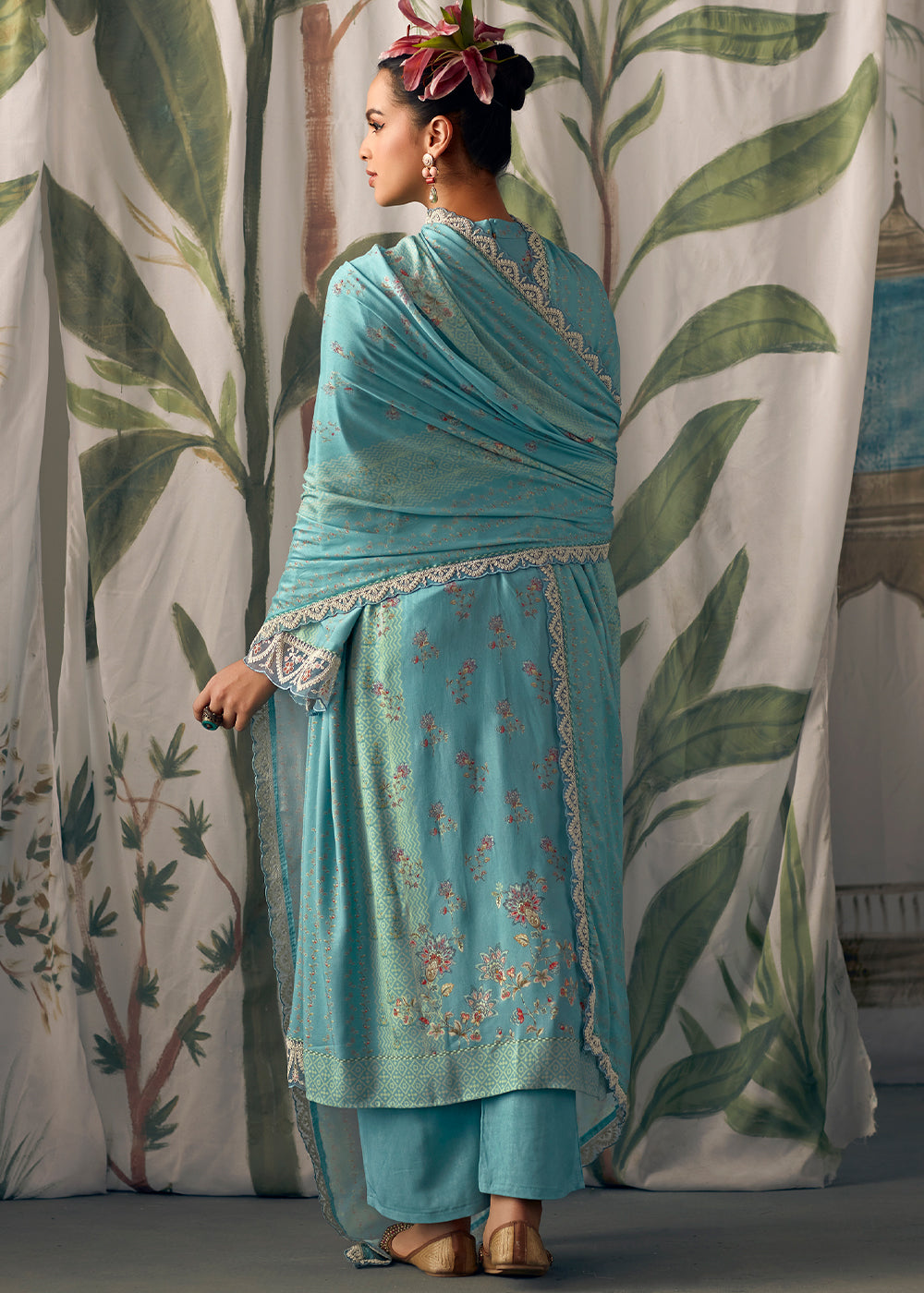 Koi Blue Digital Printed Muslin Salwar Suit with Light Embroidery work - qivii