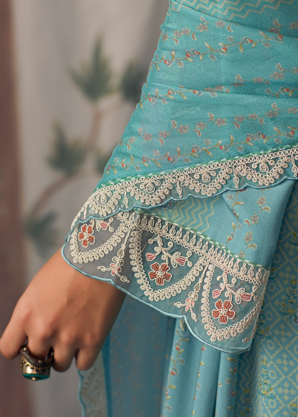 Koi Blue Digital Printed Muslin Salwar Suit with Light Embroidery work - qivii