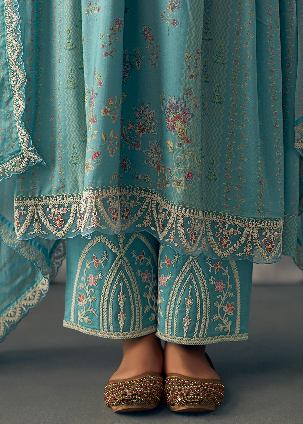 Koi Blue Digital Printed Muslin Salwar Suit with Light Embroidery work - qivii