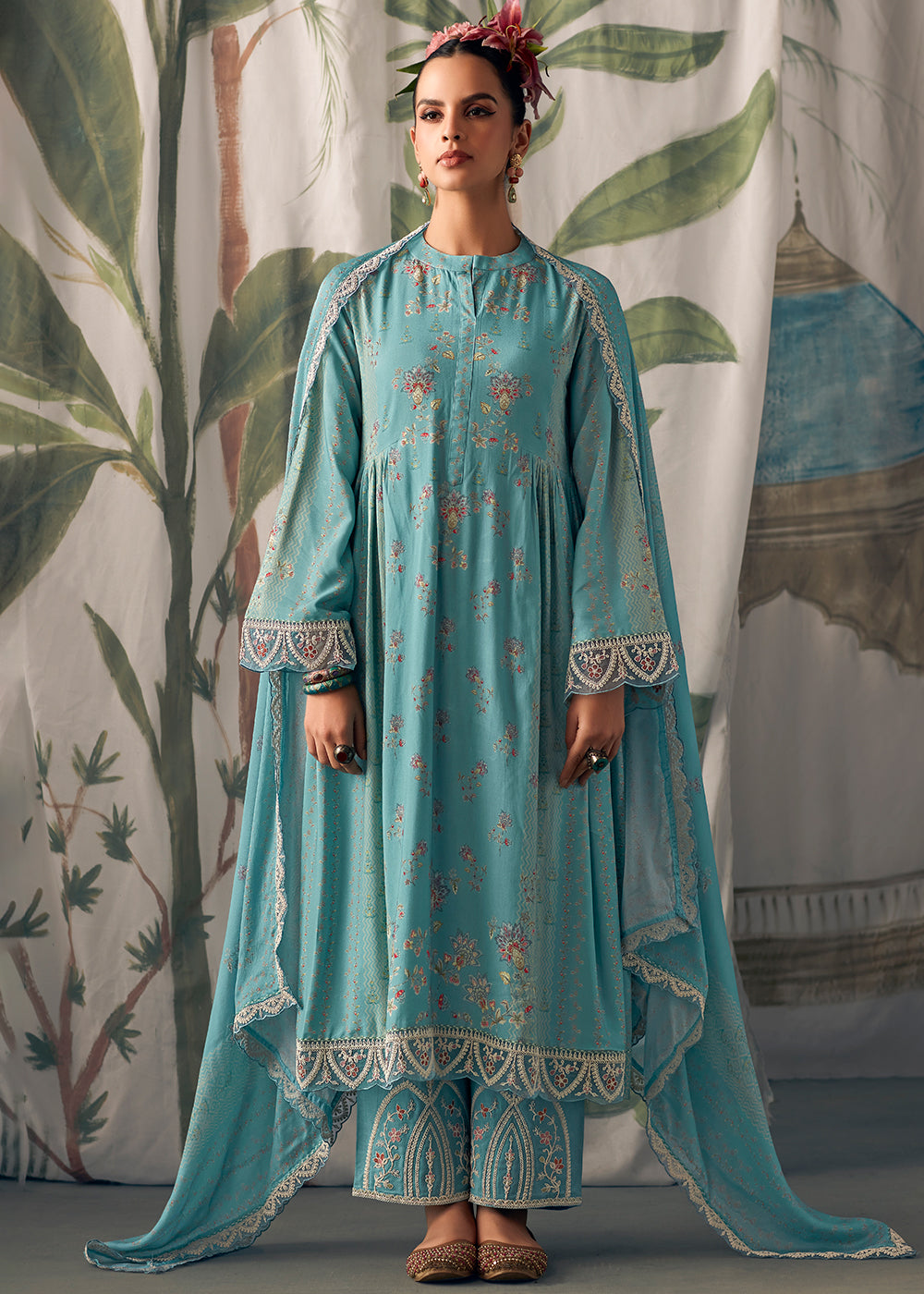 Koi Blue Digital Printed Muslin Salwar Suit with Light Embroidery work - qivii