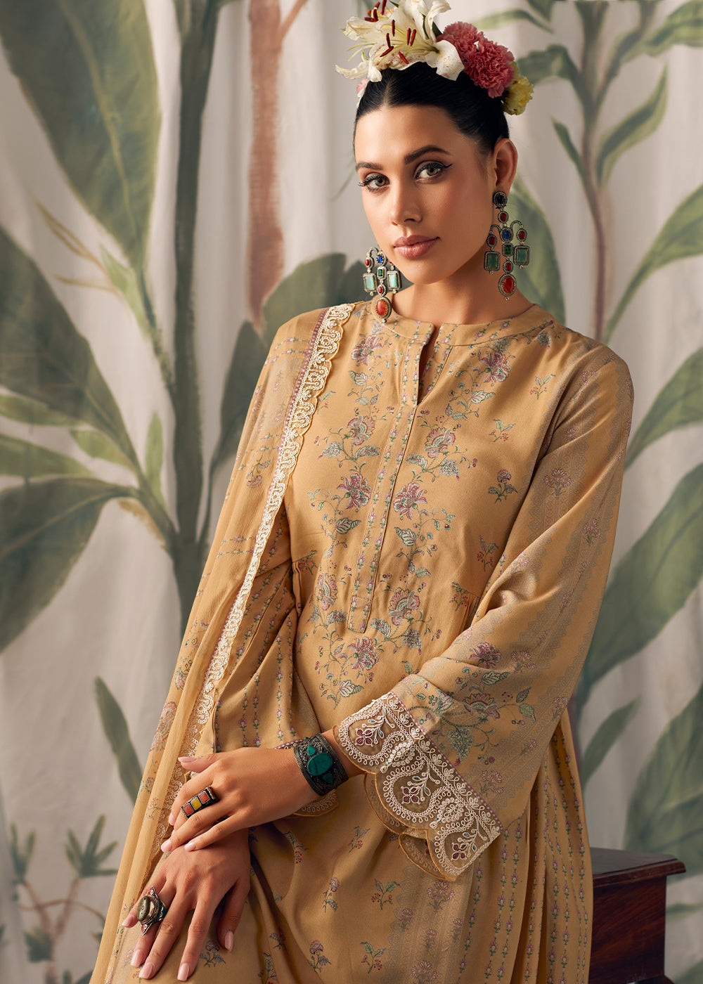 Peru Brown Digital Printed Muslin Salwar Suit with Light Embroidery work - qivii