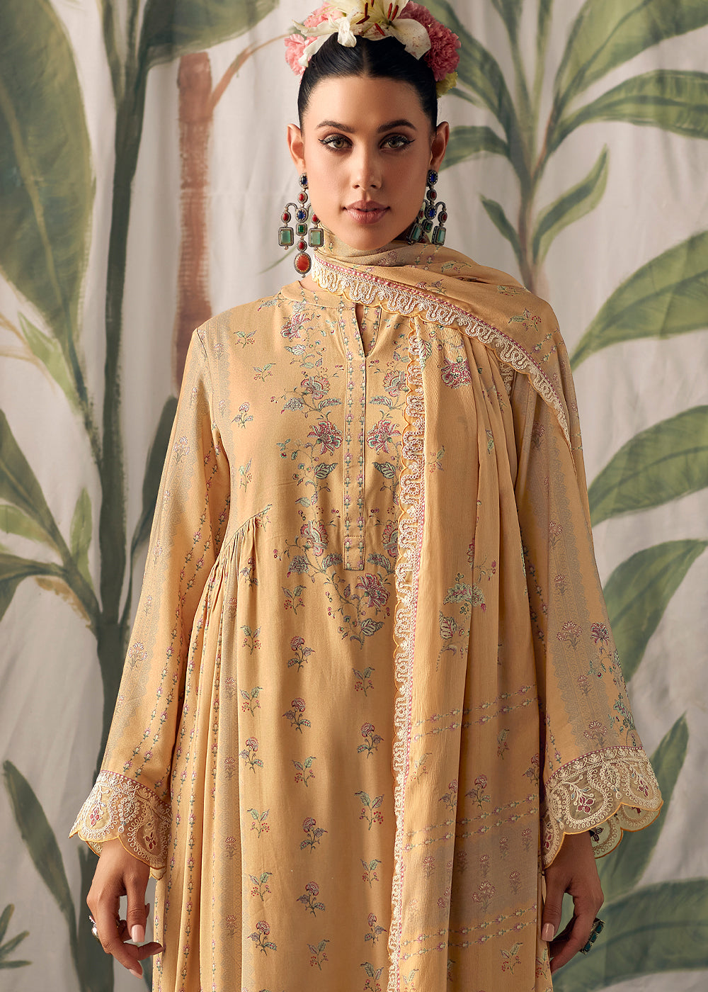 Peru Brown Digital Printed Muslin Salwar Suit with Light Embroidery work - qivii