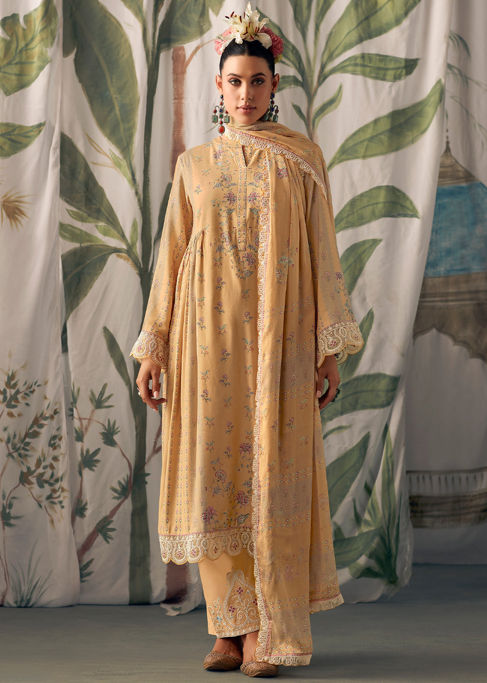 Peru Brown Digital Printed Muslin Salwar Suit with Light Embroidery work - qivii