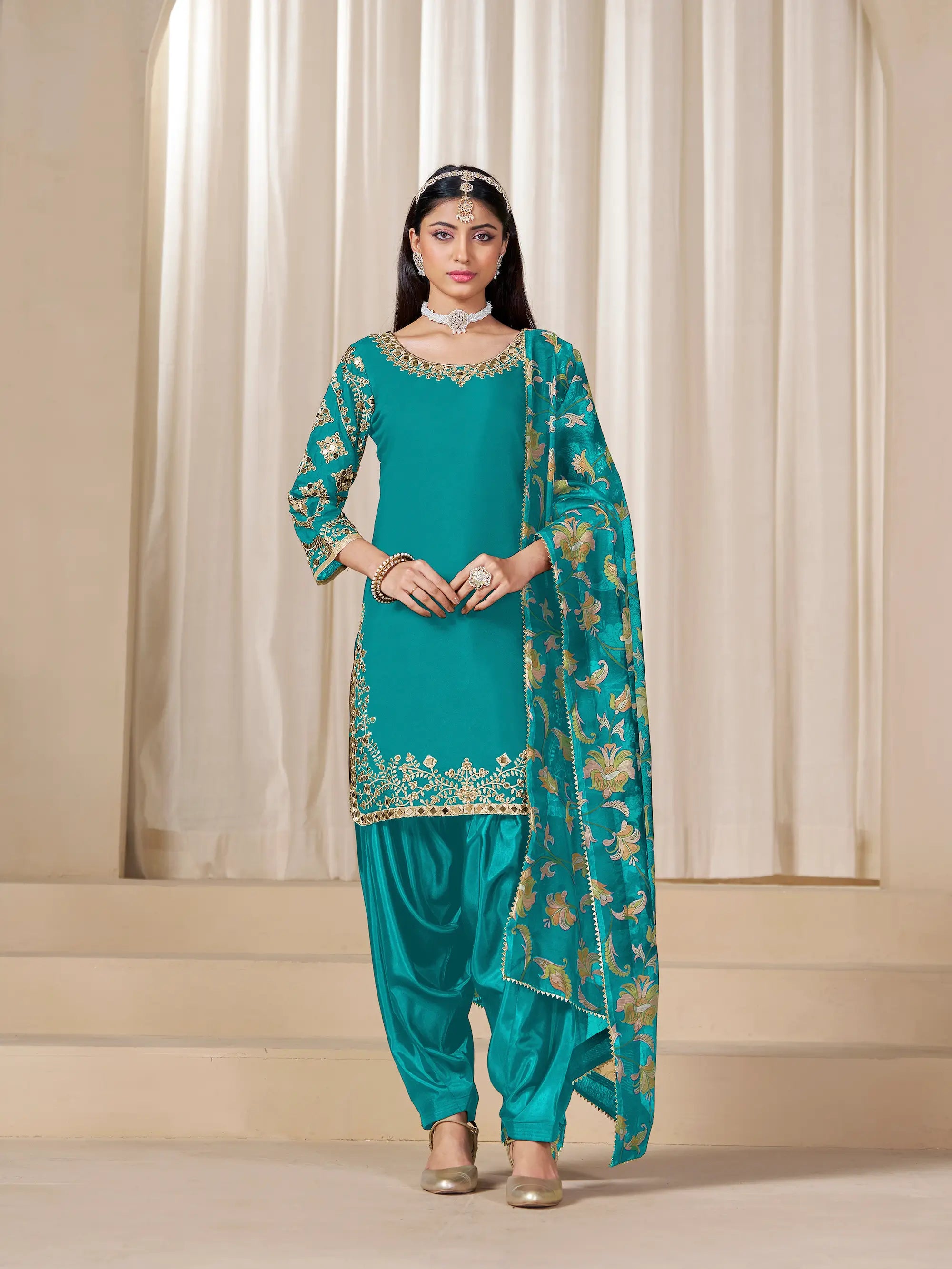 Teal Blue Roman Silk Embroidery Work Salwar Suit