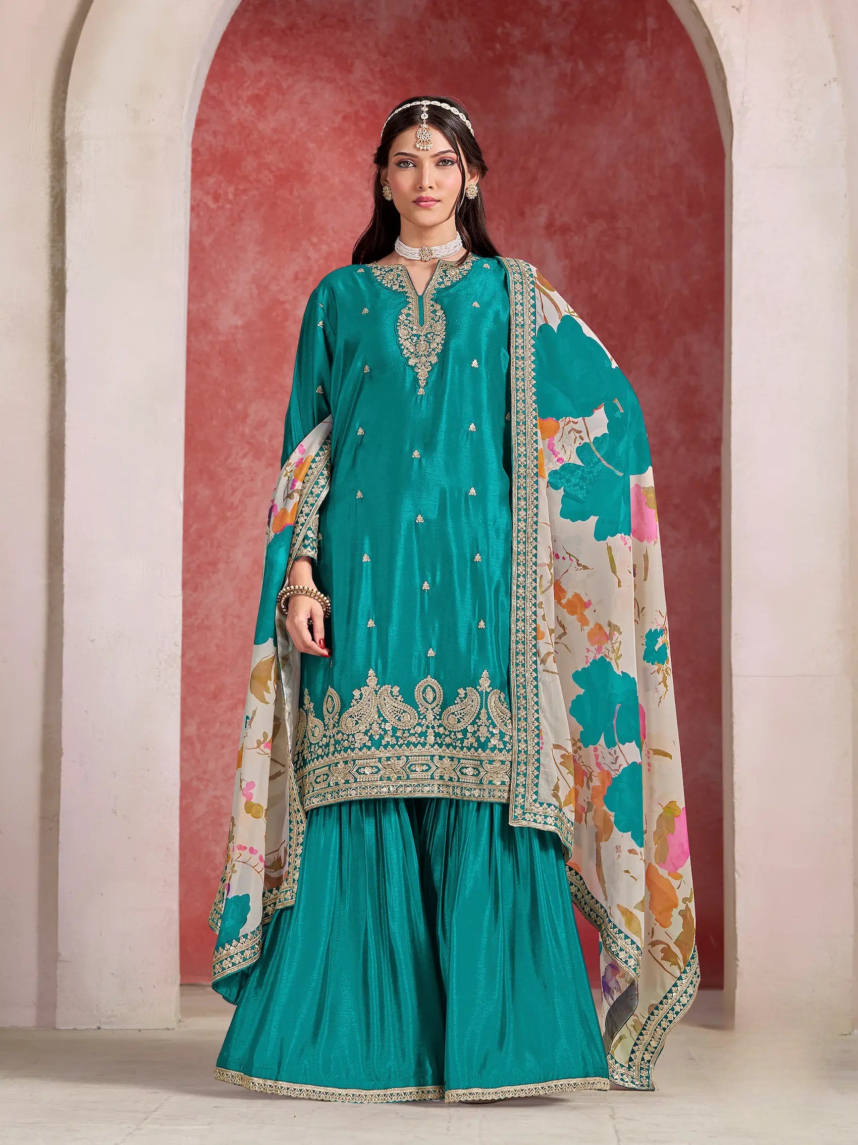 Teal Blue Chinon Embroidery Salwar suit With Organza Dupatta - qivii
