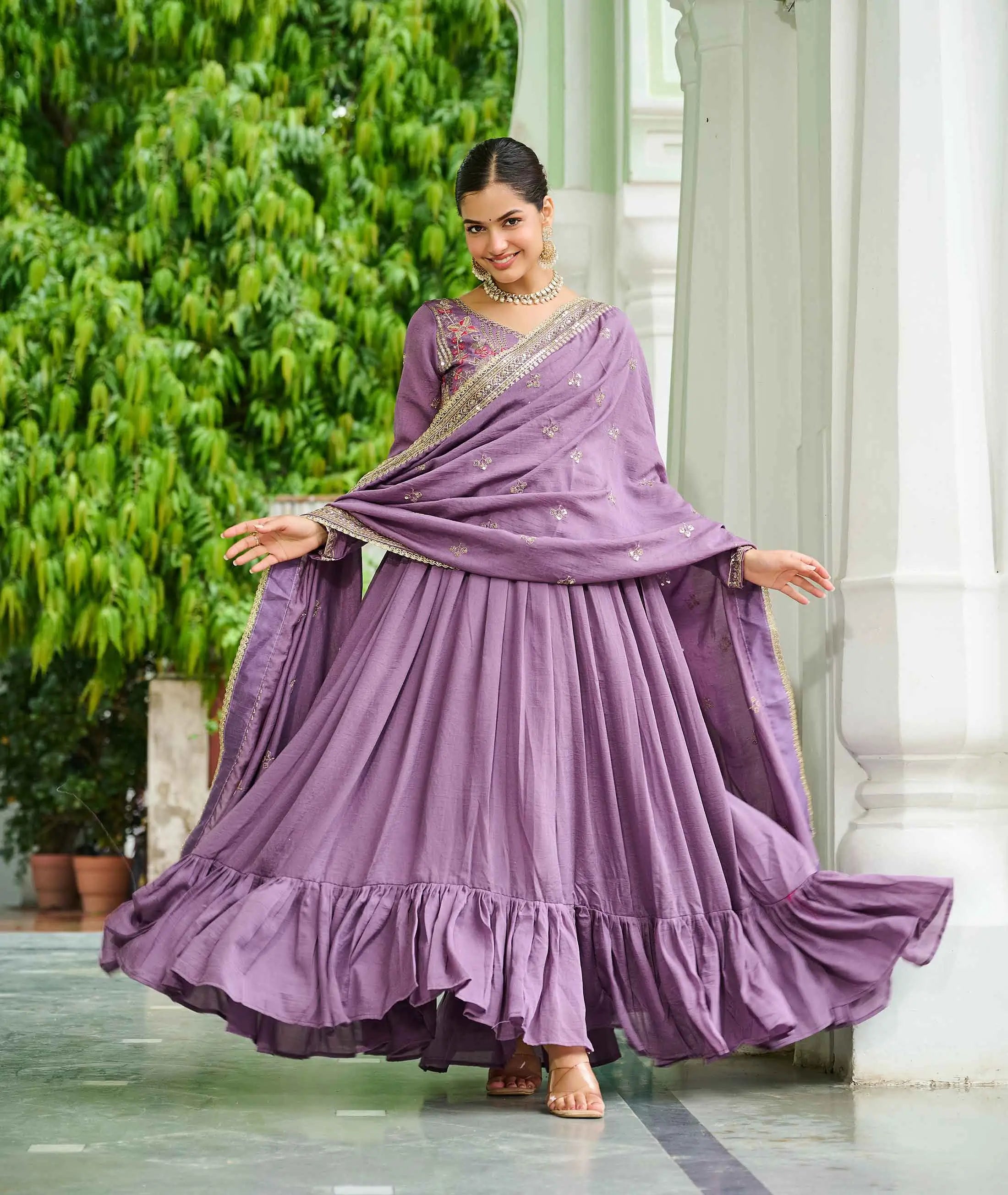 Lavender Sequins Embroidery Work Gown