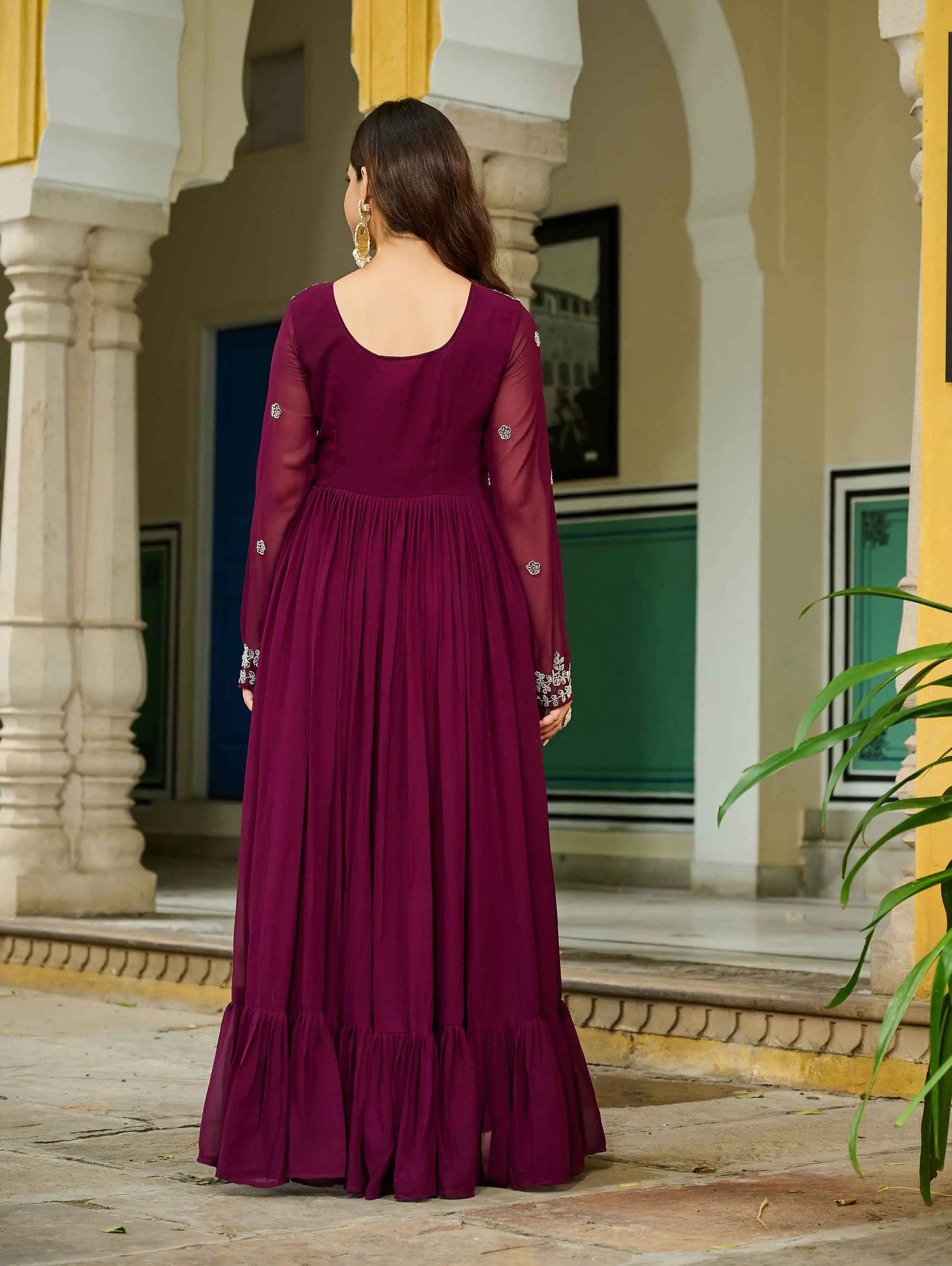 Dark Maroon Gown With Beads Embroidery Work