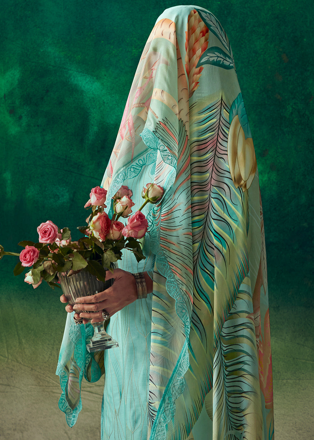 Celeste Blue Digital Printed Muslin Salwar Suit with Light Embroidery work - qivii