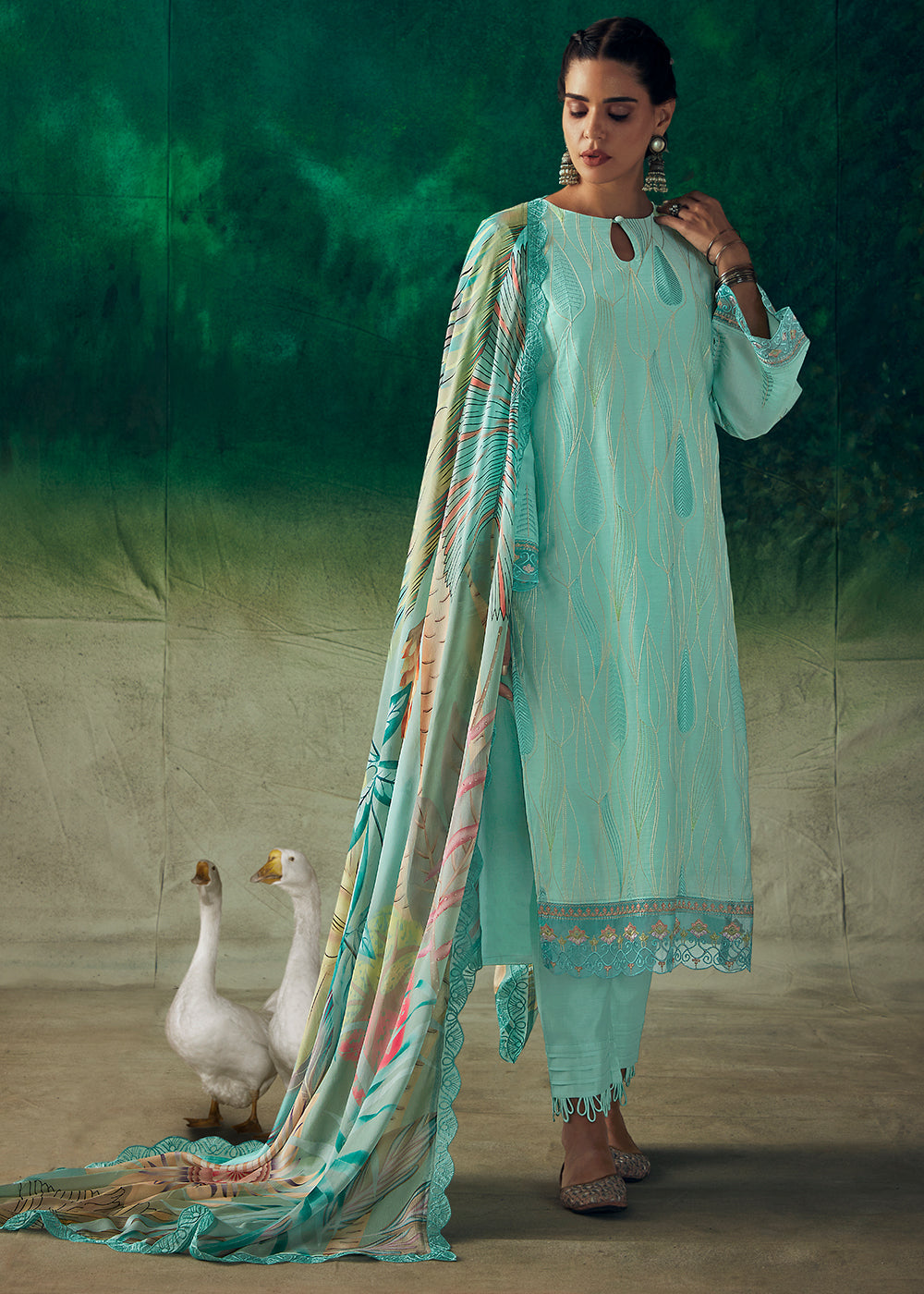 Celeste Blue Digital Printed Muslin Salwar Suit with Light Embroidery work - qivii