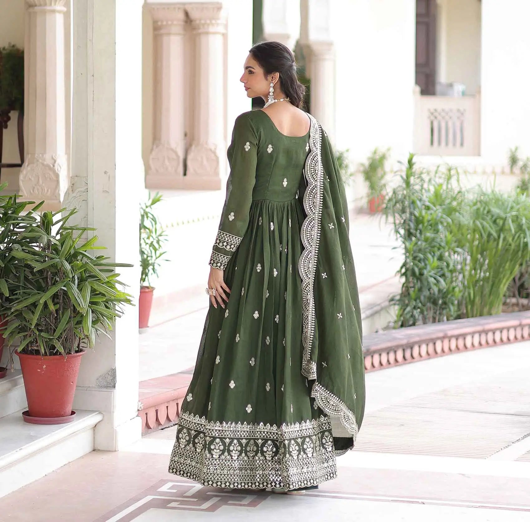 Dark Green Sequins Embroidery Work Gown