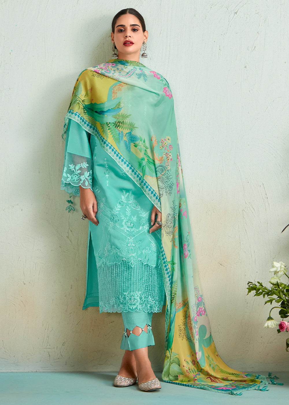 Light Cyan Blue Muslin Salwar Suit with Embroidery work - qivii