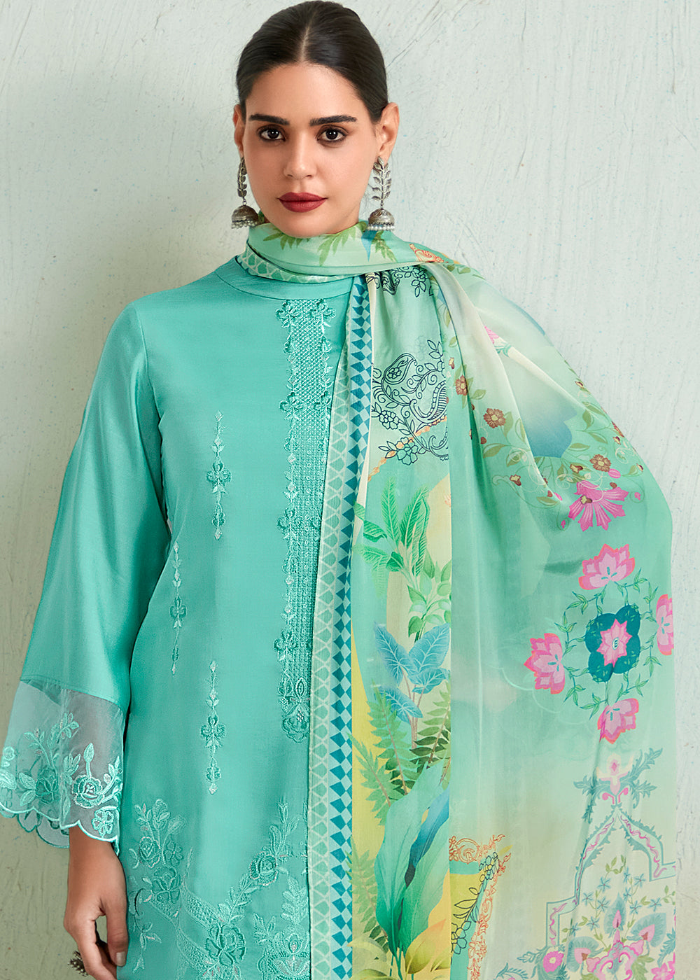 Light Cyan Blue Muslin Salwar Suit with Embroidery work - qivii
