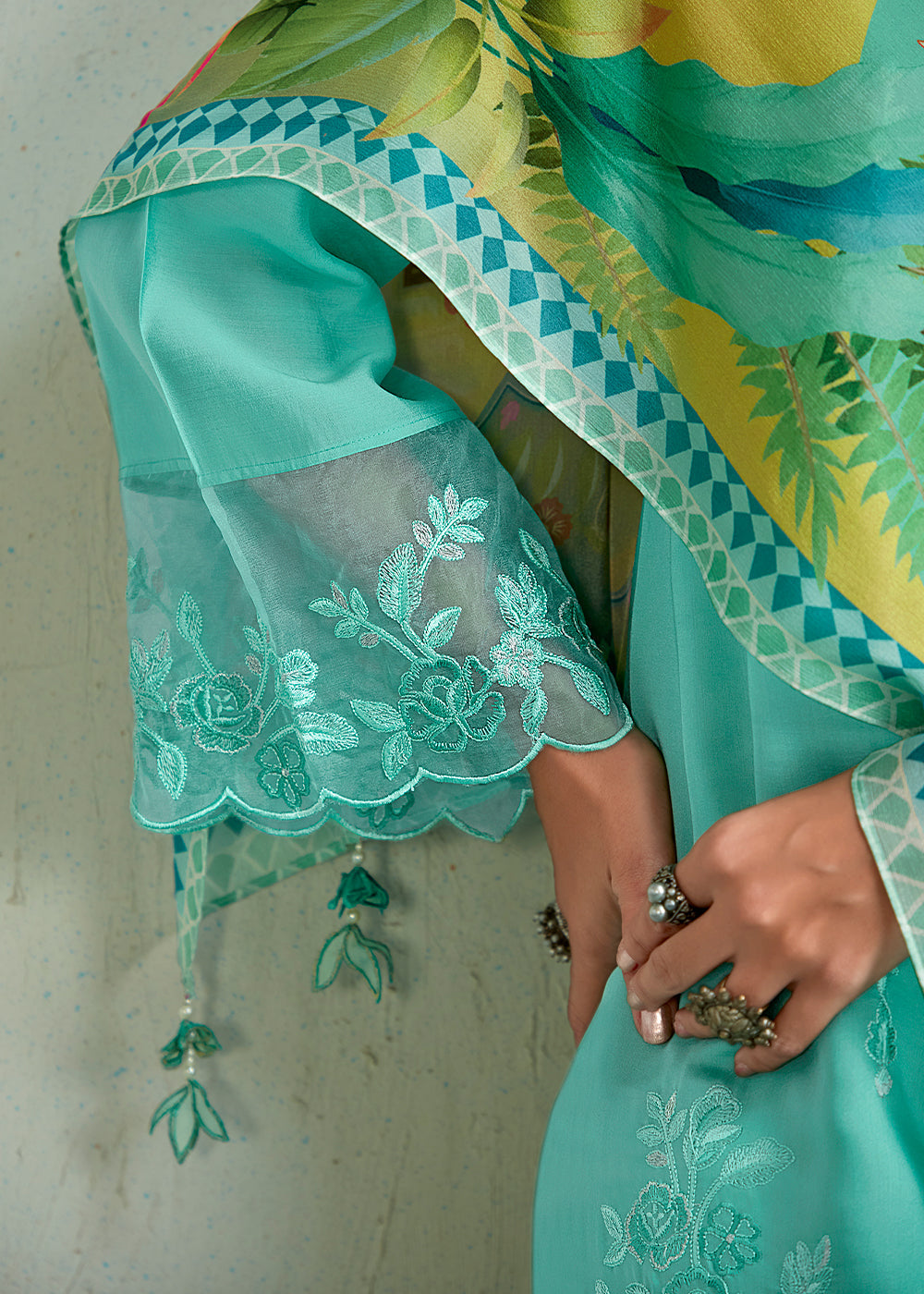 Light Cyan Blue Muslin Salwar Suit with Embroidery work - qivii