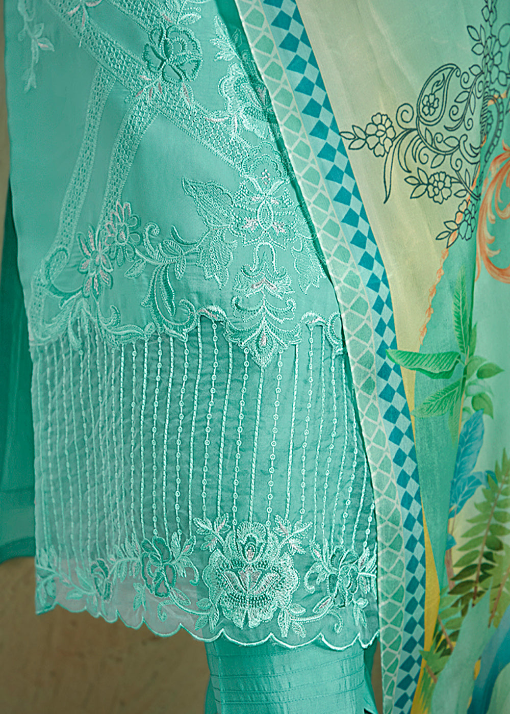Light Cyan Blue Muslin Salwar Suit with Embroidery work - qivii