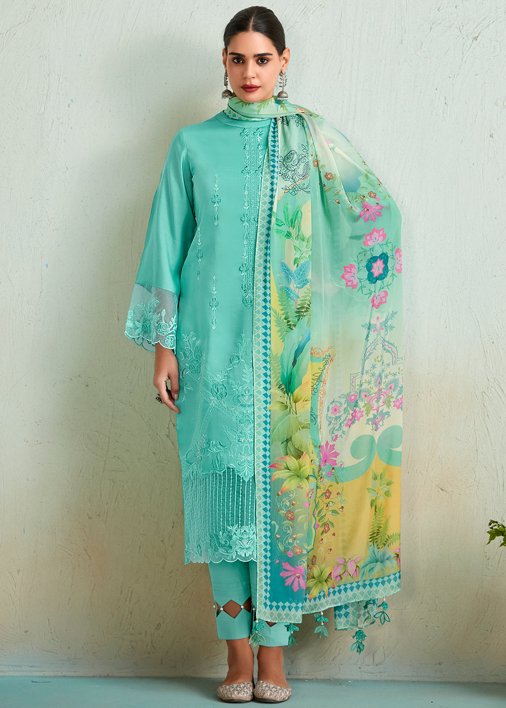 Light Cyan Blue Muslin Salwar Suit with Embroidery work - qivii