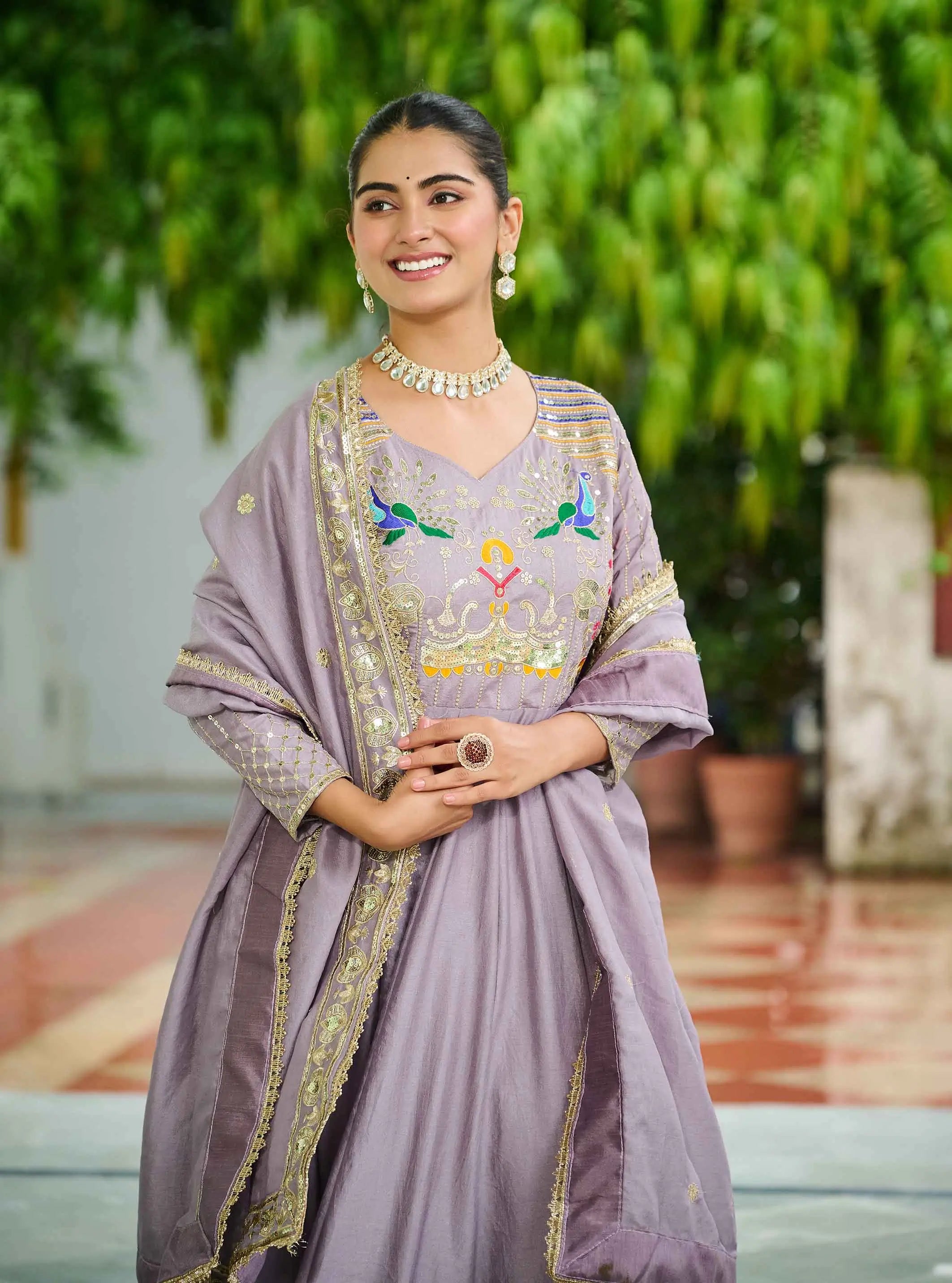 Onion Sequins Embroidery Work Silk Gown