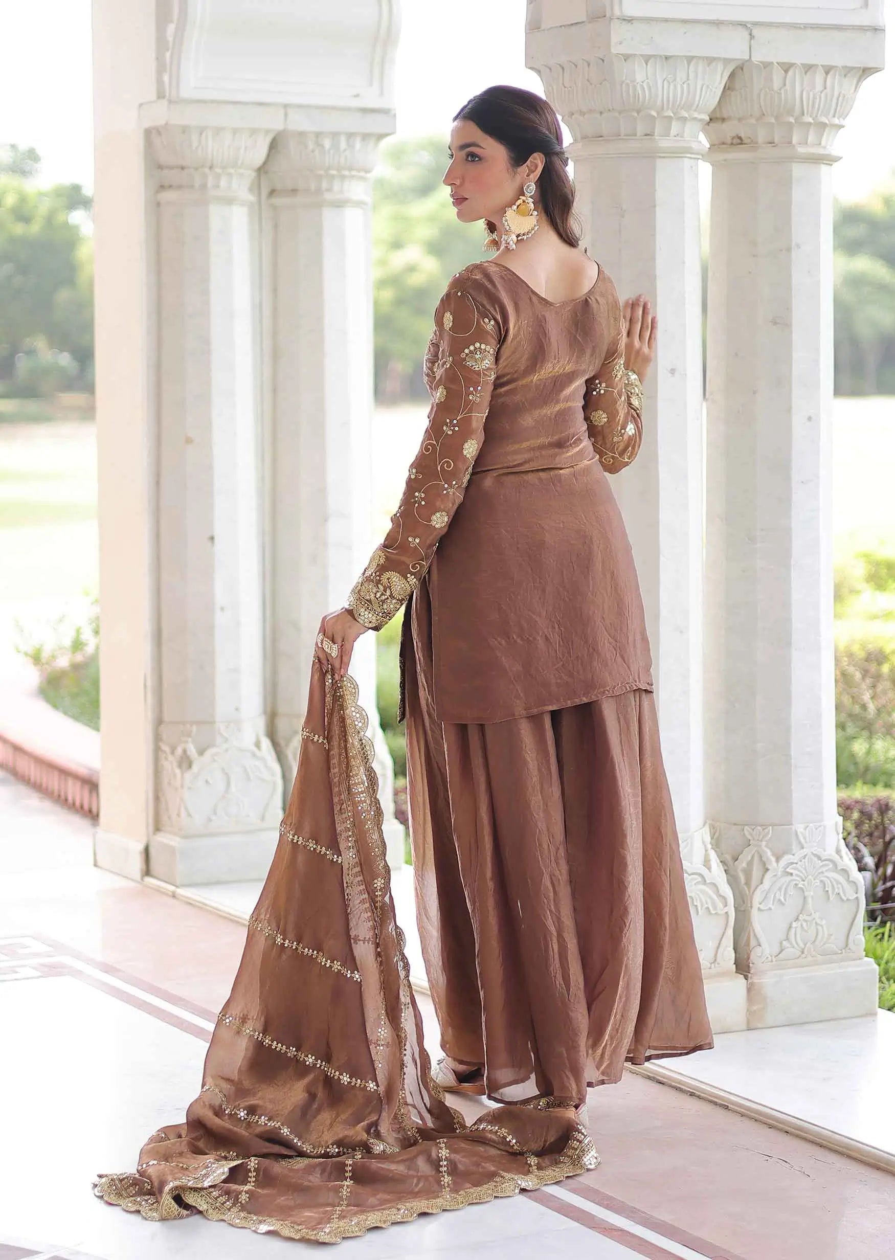 Shiny Brown Silk Sharara Suit With Embroidery Work