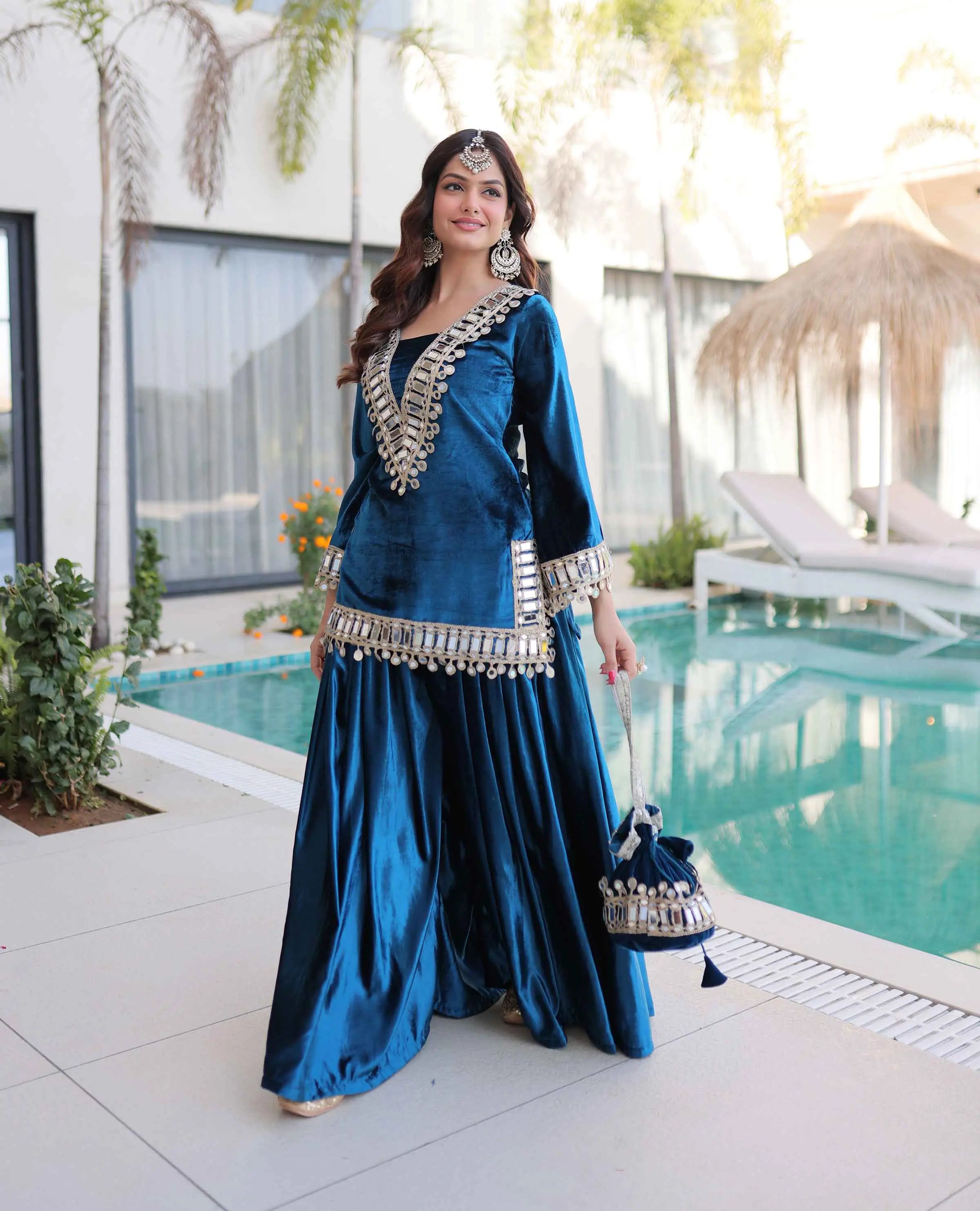 Dusk Blue Mirror Embroidery Palazzo Suit