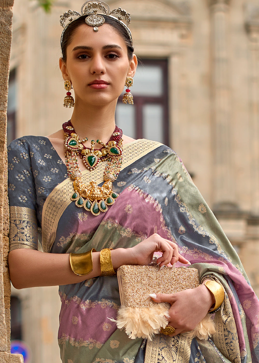 Grey & Pink Viscose Silk Saree with Aqua Finish work - qivii