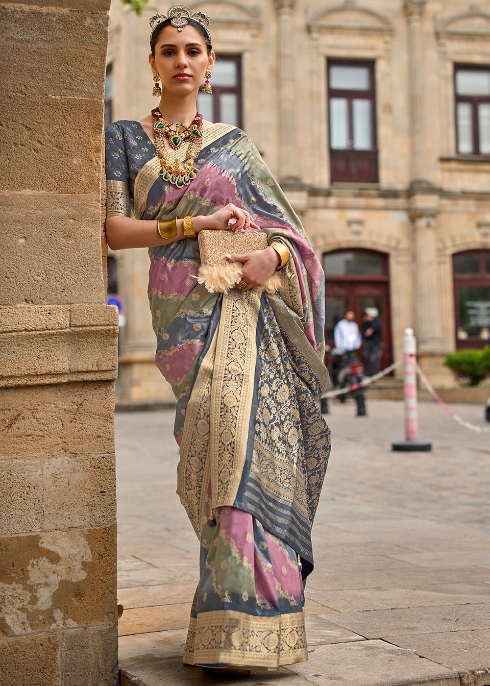 Grey & Pink Viscose Silk Saree with Aqua Finish work - qivii