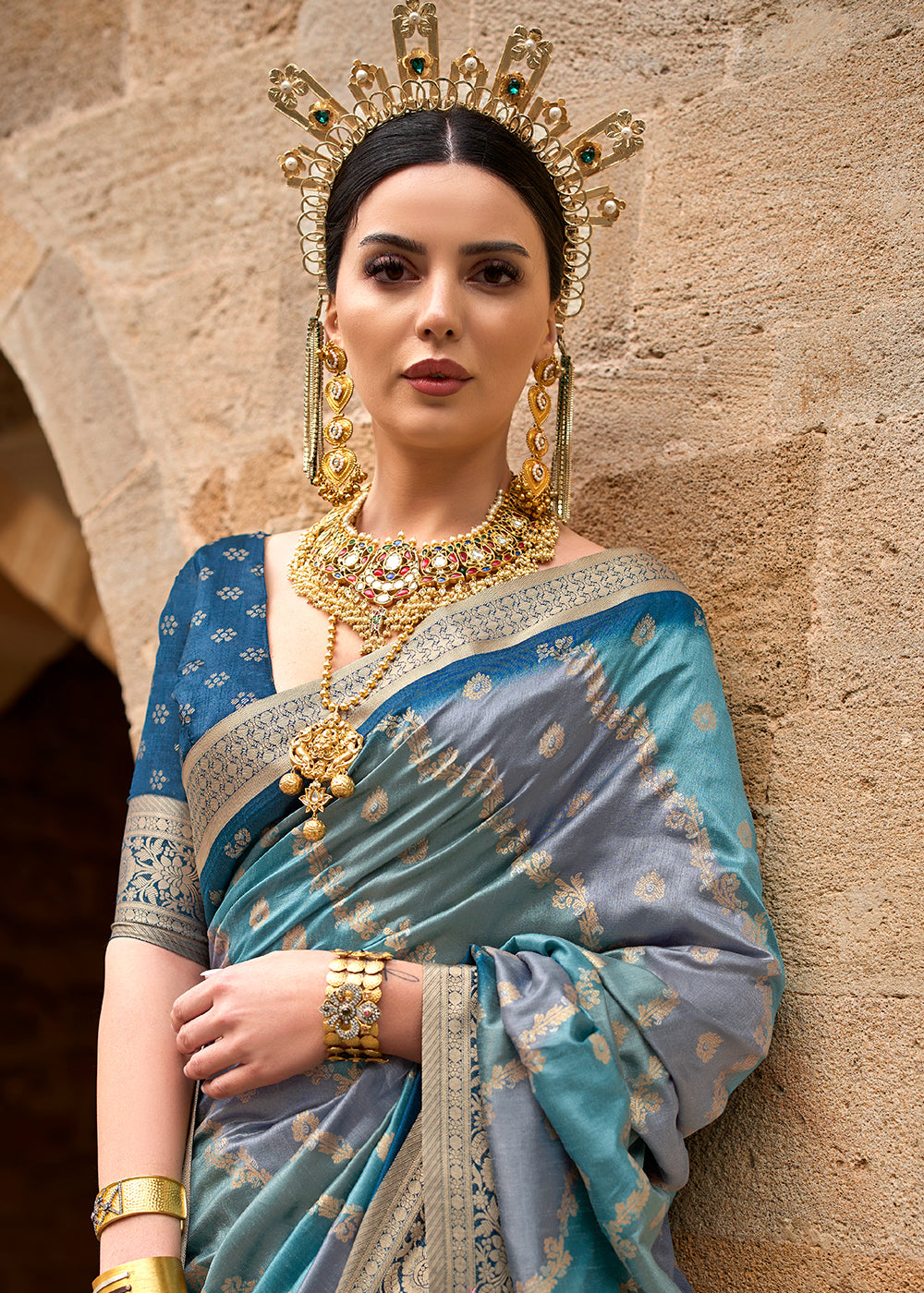 Shades Of Blue Viscose Silk Saree with Aqua Finish work - qivii