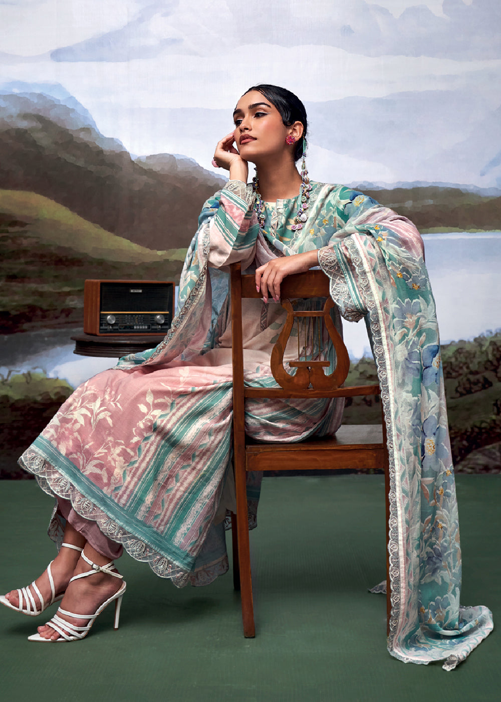 Brown & Blue Digital Printed Linen Suit & Embroidery work - qivii