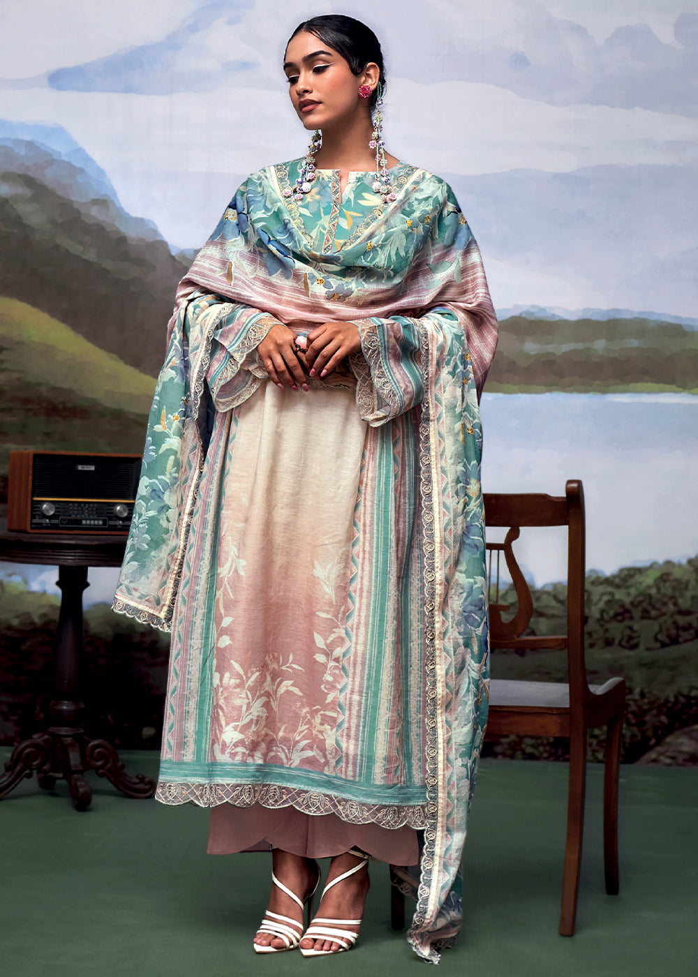 Brown & Blue Digital Printed Linen Suit & Embroidery work - qivii