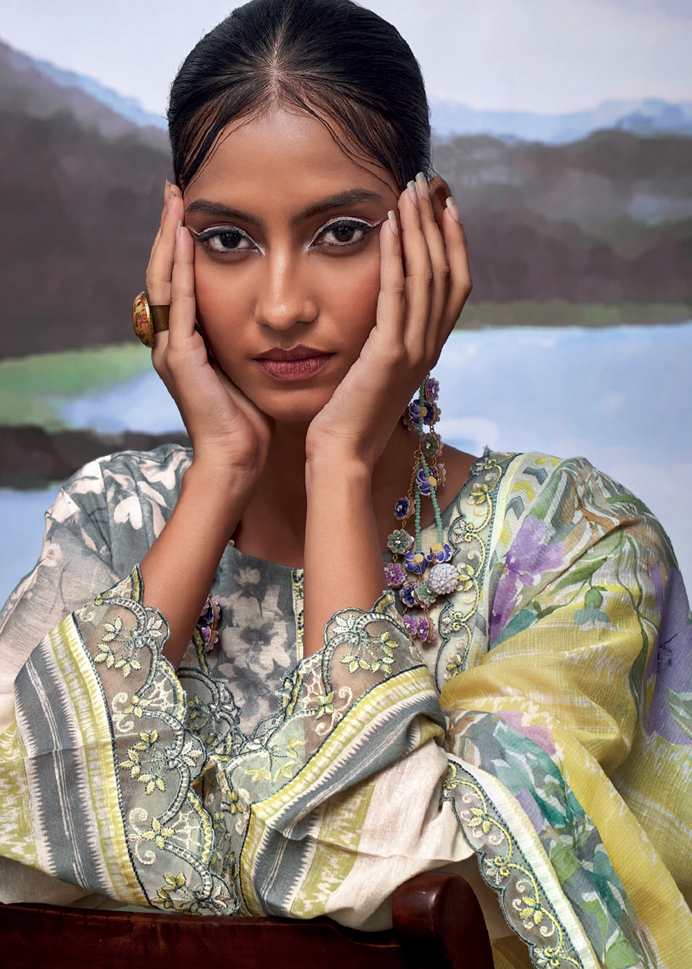 Shades Of Yellow Digital Printed Linen Suit & Embroidery work - qivii