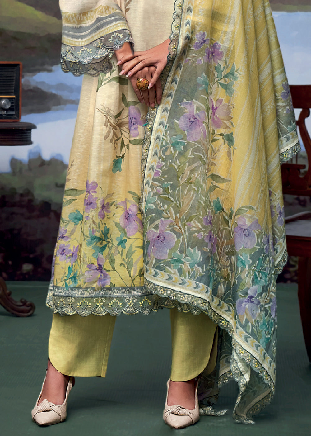 Shades Of Yellow Digital Printed Linen Suit & Embroidery work - qivii