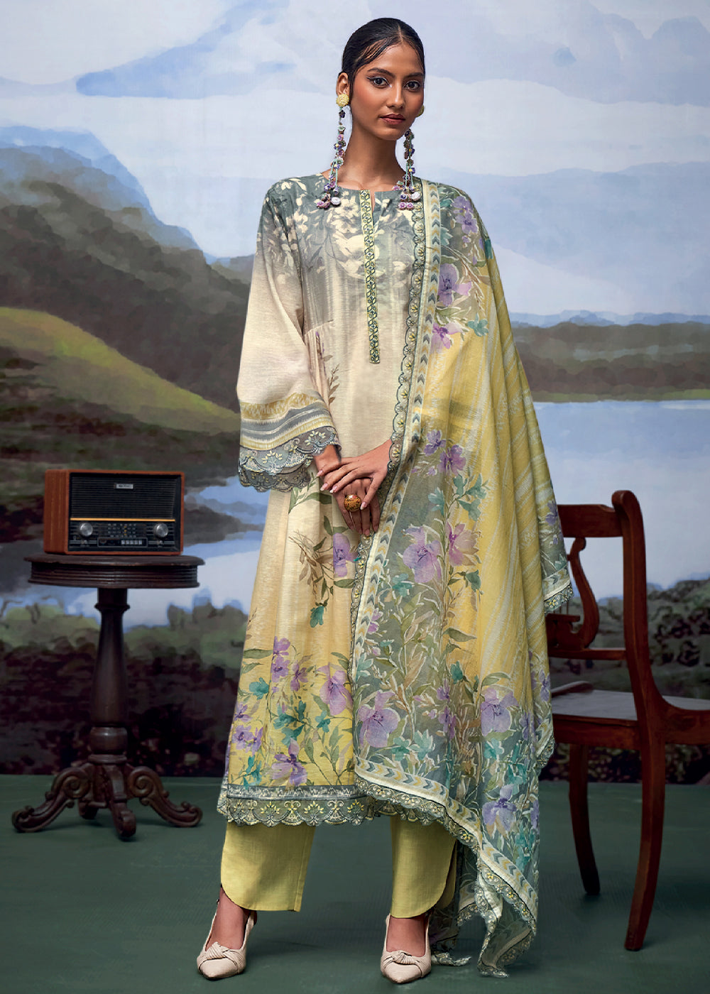 Shades Of Yellow Digital Printed Linen Suit & Embroidery work - qivii